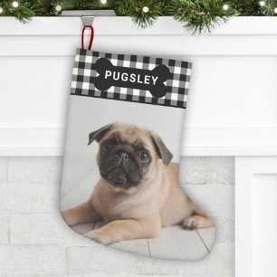 Petite Chaussette De Noël Plaids Buffalo Noir Os de Chien Monogram Photo