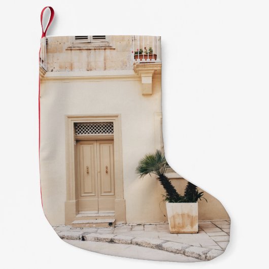 Petite Chaussette De Noël Plante Potter près de maison en béton (Devant)