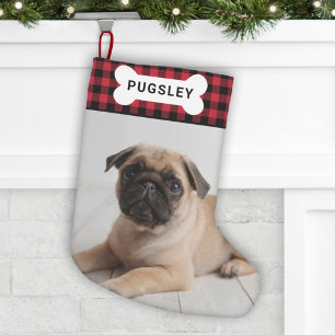 Petite Chaussette De Noël Plaque de nom de chien en os photo carreau rouge b