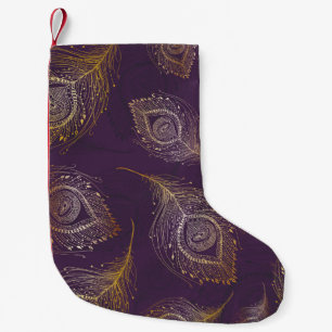 Petite Chaussette De Noël Plumes de paon or, arrière - plan violet.