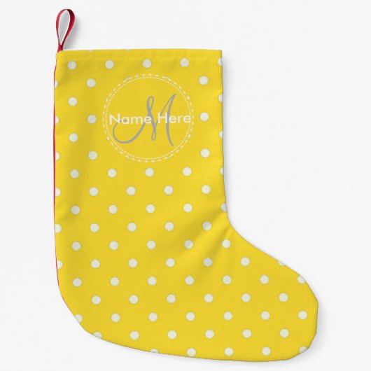 Petite Chaussette De Noël Pois jaune et blanc de banane. Nom fait sur (Devant)