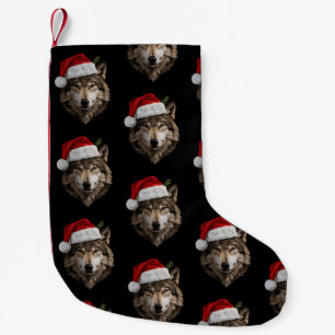 Petite Chaussette De Noël Portrait de loup avec chapeau de Père Noël arbre d