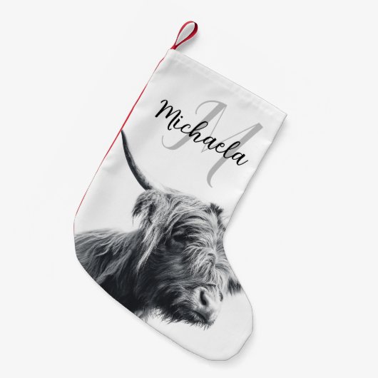 Petite Chaussette De Noël Portrait de vache Highland premier monogramme noir (Devant (Accrochage))