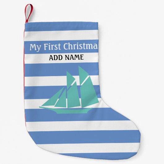 Petite Chaussette De Noël Premier Noël Bleu Bébé Garçon Monogramme nautique (Devant)