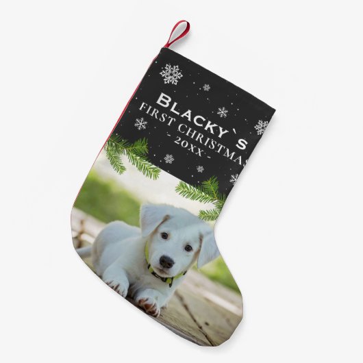 Petite Chaussette De Noël Premier Noël Puppy Photo Pine Snowflake (Devant (Accrochage))