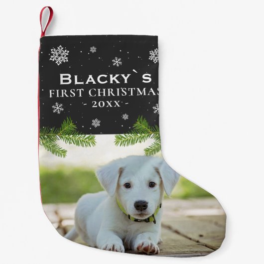 Petite Chaussette De Noël Premier Noël Puppy Photo Pine Snowflake (Devant)