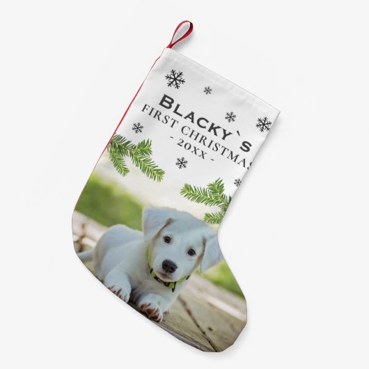 Petite Chaussette De Noël Premier Noël Puppy Photo Pine Snowflake (Devant (Accrochage))