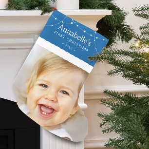 Petite Chaussette De Noël Première photo de Noël du bébé bleu
