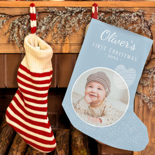 Petite Chaussette De Noël Première photo du Coeur Bleu de Noël du bébé