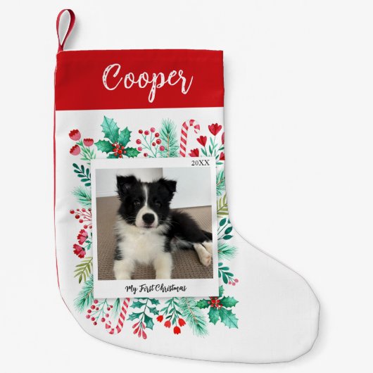 Petite Chaussette De Noël Première photo et nom de Noël du chiot (Devant)