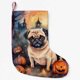 Petite Chaussette De Noël Pug d'Halloween avec citrouilles effrayant