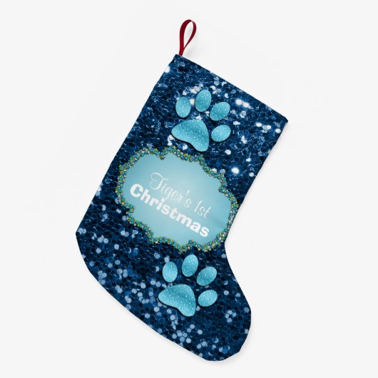 Petite Chaussette De Noël Puppy Paws Blue Faux Parties scintillant (Devant (Accrochage))