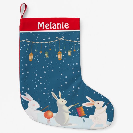 Petite Chaussette De Noël Rabbits Lantern Parade in Snow Personalised (Devant)