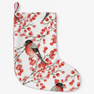 Petite Chaussette De Noël Red Berries Bullfinches Motif aquarelle