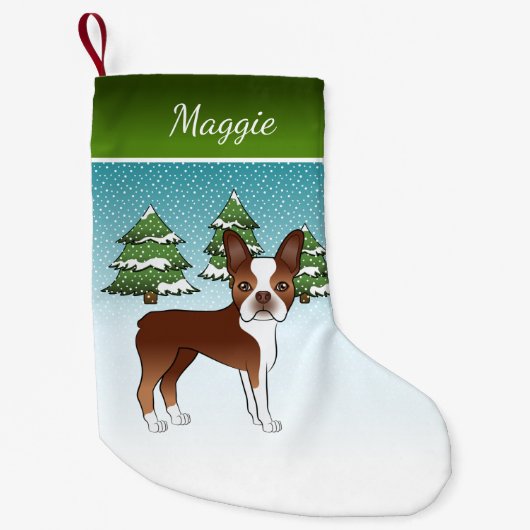 Petite Chaussette De Noël Red Boston Terrier Dans Une Forêt D'Hiver Et Nom (Devant)