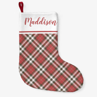 Petite Chaussette De Noël Red Christmas plaid pattern personalized name 