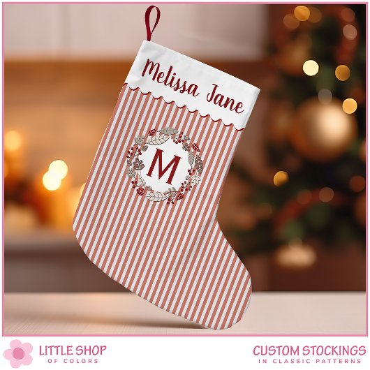 Petite Chaussette De Noël Red Stripes monogramme de couronne de Noël