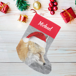 Petite Chaussette De Noël Renard rouge endormi portant le chapeau rouge du P