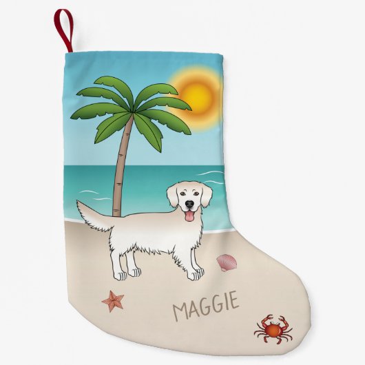 Petite Chaussette De Noël Réparateur De Crème Dorée Sur Une Plage Tropicale (Devant)