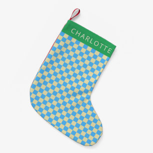 Petite Chaussette De Noël Retro esthétique Checkerboard bleu Personnalisé