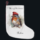 Petite Chaussette De Noël Robin Winter Delight, sur mesure<br><div class="desc">Accrochez une touche personnalisée de charme hivernal à la cheminée avec notre réserve de Noël "Robin Winter Delight". Ce bas festif présente l'illustration d'aquarelle d'un robin, emballé pour l'hiver dans une beanie rayée rouge et blanc festive surmontée d'un pompon moelleux. Ce petit oiseau bien-aimé apporte un esprit fantaisiste et joyeux...</div>