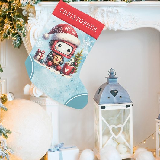 Petite Chaussette De Noël Robot bleu et rouge personnalisé