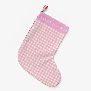 Petite Chaussette De Noël Rose et blanc vichy personnalisé à carreaux