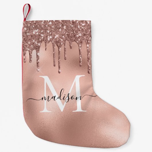 Petite Chaussette De Noël Rose métallique Monogramme Parties scintillant ros (Devant)