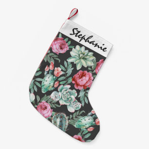 Petite Chaussette De Noël Roses roses et motif succulent de cactus sur le