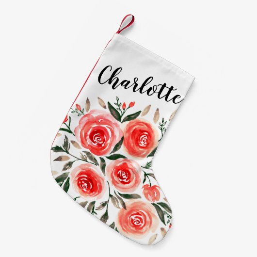 Petite Chaussette De Noël Roses roses roses d'aquarelle de fille personnalis (Devant (Accrochage))