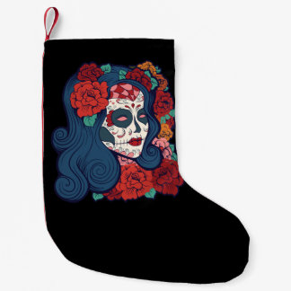 Petite Chaussette De Noël Roses rouges de femme de crâne de sucre dans les