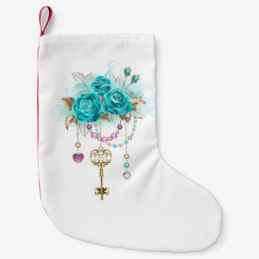 Petite Chaussette De Noël Roses Turquoise avec Clés (Devant)