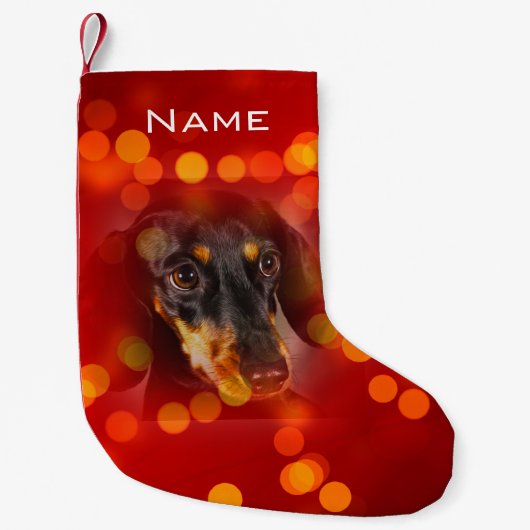 Petite Chaussette De Noël Rouge personnalisé avec lampes jaunes photo bas (Devant)