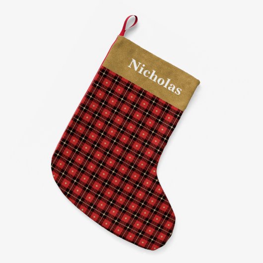Petite Chaussette De Noël Rouge rustique, Noir Lumberjack Plaid - Nom (Devant (Accrochage))