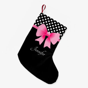 Petite Chaussette De Noël Ruban rose Noir & Blanc Pois Nom du Motif