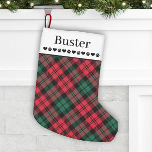 Petite Chaussette De Noël Rustic Red and Green Plaid Custom Dog Name