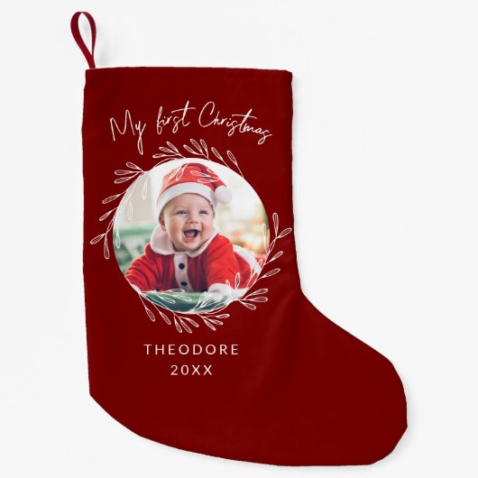 Petite Chaussette De Noël Rustic Wreath Leaf My first Christmas Baby Photo (Devant)