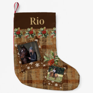 Petite Chaussette De Noël Rustique Faux Burlap Deux Nom Photo Horse