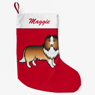 Petite Chaussette De Noël Sable Shetland Sheepdog Shelter Sur Rouge & Nom