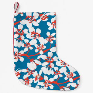 Petite Chaussette De Noël Sakura blanc, motif arrière - plan bleu classique.