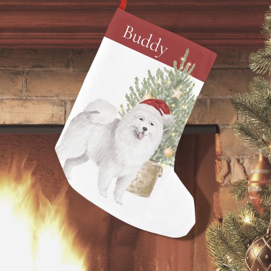 Petite Chaussette De Noël Samoyé chien et arbre de Noël Aquarelle animal