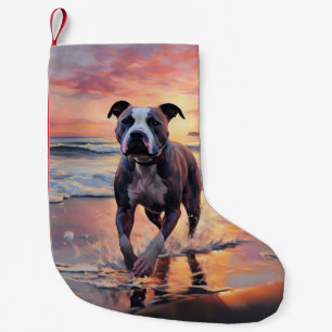 Petite Chaussette De Noël Sandy American Staffordshire Dog on Beach Sunset