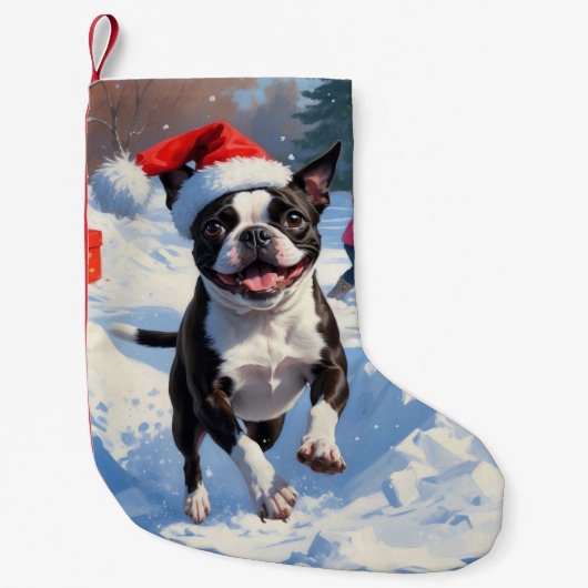 Petite Chaussette De Noël Scène de Noël du festival Terrier de Boston (Devant)