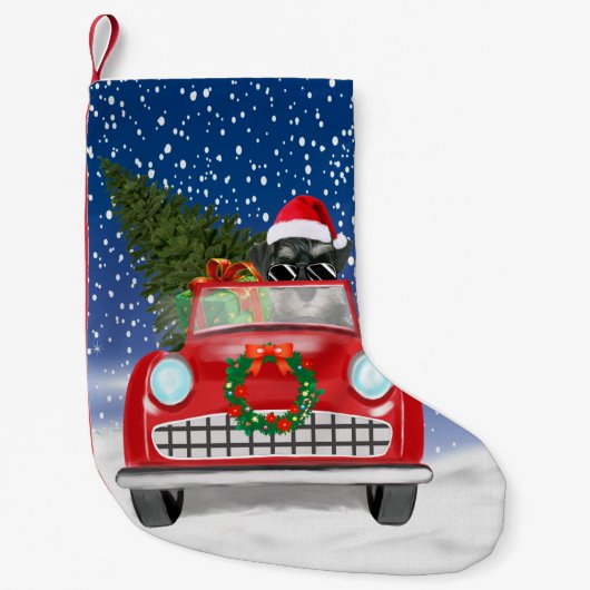 Petite Chaussette De Noël Schnauzer Chien Conduite Voiture En Noël De Neige (Devant)