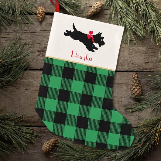 Petite Chaussette De Noël Scottie Chien Nom Personnalisé Buffalo Plaid Green