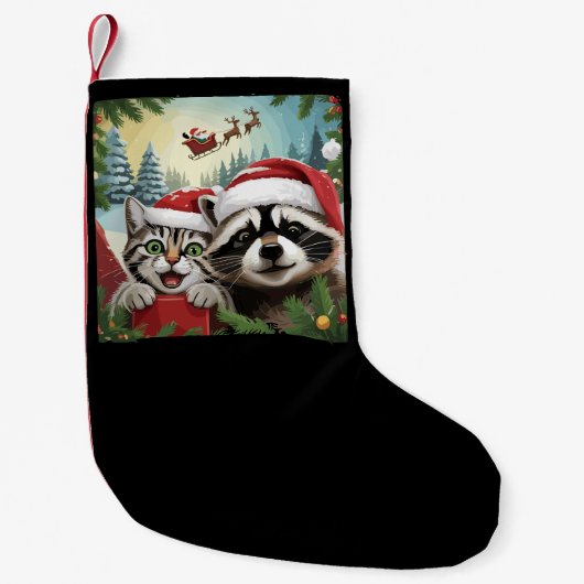 Petite Chaussette De Noël Selfie Chat Avec Père Noël Sleigh Weird Raccoon Xm (Devant)