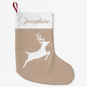 Petite Chaussette De Noël Silhouette de renne blanc sur fond beige et nom pe