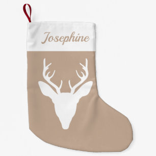 Petite Chaussette De Noël Silhouette de tête de cerf blanc sur fond beige et