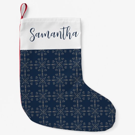 Petite Chaussette De Noël Simple Calligraphie Script Marine Silver Snowflake (Devant)