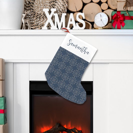 Petite Chaussette De Noël Simple Calligraphie Script Marine Silver Snowflake